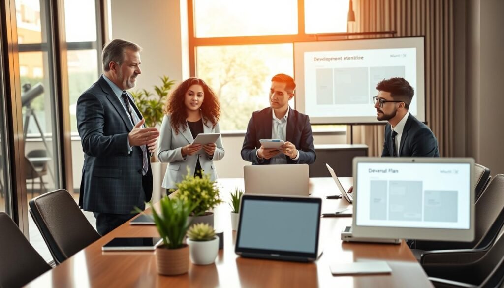 A professional mentoring session in an elegant office setting, featuring a diverse group of three individuals engaged in discussion. In the foreground, a middle-aged male mentor, dressed in a tailored suit, gestures expressively while a young woman and a young man, dressed in smart business attire, listen intently, taking notes on digital tablets. In the middle ground, a stylish conference table adorned with laptops, plants, and a projector displaying a development plan. The background features large windows letting in warm natural light, creating an inviting and productive atmosphere. The overall mood is collaborative and inspiring, emphasizing professional growth and the exchange of knowledge. The scene captures a moment of mentorship and professional development, with a focus on engagement and learning.