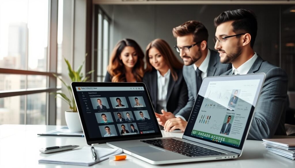 A professional, modern office environment showcasing essential headhunting tools. In the foreground, a sleek laptop open to a recruitment platform interface, with notepads, highlighters, and a smartphone nearby. In the middle ground, a diverse group of two professionals, one woman and one man, both in smart business attire, engaged in a discussion while analyzing candidate profiles on the laptop. The background features a large window with city views, casting soft natural light across the scene, highlighting a comfortable, inviting workspace. The atmosphere should feel focused and collaborative, emphasizing effective recruitment strategies and teamwork within human resources.
