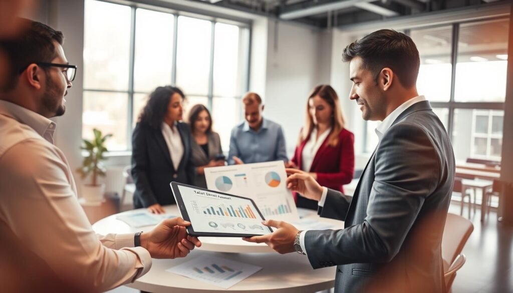 A professional, modern office environment with a diverse group of individuals engaged in a collaborative discussion about talent management strategies. In the foreground, two business professionals—one male and one female—are analyzing a talent development chart on a tablet. The middle ground features a round table where others are brainstorming, surrounded by charts and documents showcasing growth and performance metrics. The background includes large windows that allow natural light to flood in, illuminating the space and creating a bright, optimistic atmosphere. Use soft, warm lighting with a slight bokeh effect to emphasize focus on the teamwork. The individuals should be dressed in smart business attire, reflecting professionalism and expertise in human resource management. No text or additional elements should distract from the central theme.
