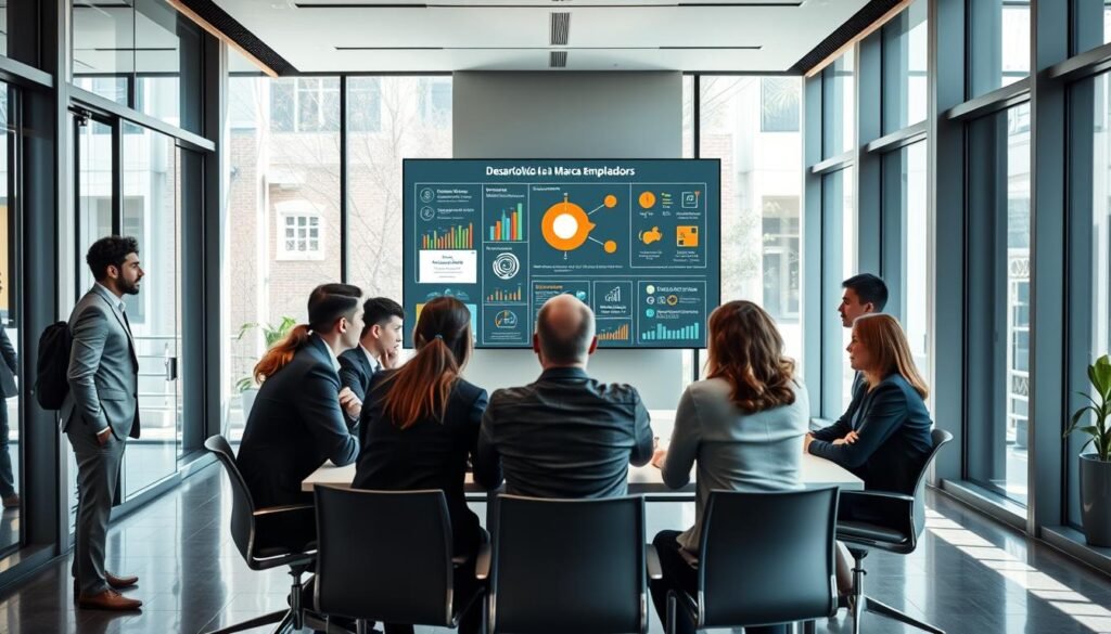 A professional office environment illustrating "Desarrollo de la Marca Empleadora" in Colombia. In the foreground, a diverse group of business professionals, men and women in smart business attire, engaged in a collaborative discussion around a modern conference table. In the middle ground, infographics and visual aids highlight employee branding strategies displayed on a digital screen. The background features sleek office architecture, large windows with natural light streaming in, creating an inviting atmosphere. The mood is energetic and focused, highlighting teamwork and innovation. The image is captured with a wide-angle lens at eye level, emphasizing inclusivity and professionalism, while ensuring a clean and polished look without any text or branding elements.