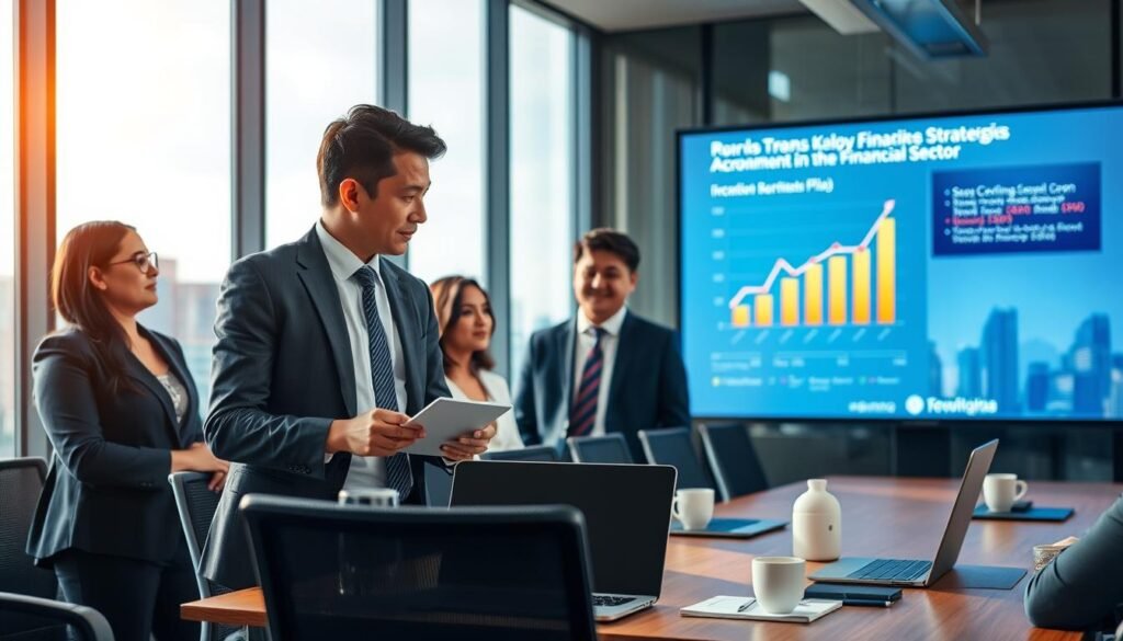 A professional office environment in Bogotá, featuring a diverse group of business executives engaged in a strategic meeting. In the foreground, two well-dressed executives, one Colombian woman in a tailored suit and one man in a business formal outfit, are discussing recruitment strategies with focused expressions. In the middle ground, a large screen displays a graph highlighting recruitment trends in the financial sector, while a conference table is adorned with laptops, notepads, and coffee cups. The background includes a sleek city skyline visible through large windows, bathed in warm, natural light that creates a motivating atmosphere. The scene reflects a sense of collaboration, innovation, and professionalism, ideal for the financial industry.