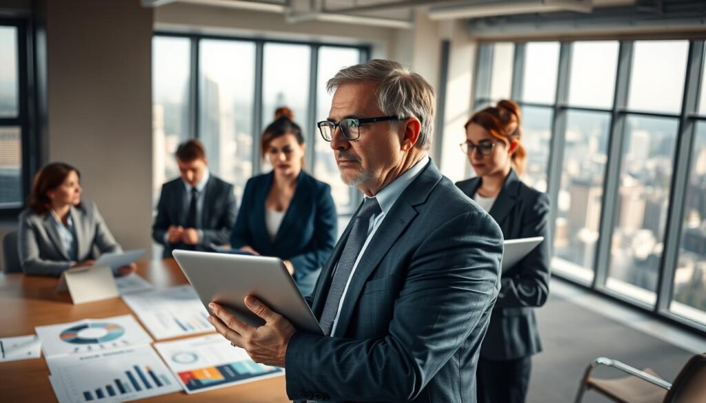 A professional office scene depicting a diverse group of business people engaged in a discussion about labor agreements. In the foreground, a middle-aged man in a suit with a laptop, representing analytical viewpoints, speaks passionately to a young woman in a blazer taking notes. The middle ground features a large conference table with documents and charts illustrating key labor agreement aspects. In the background, a large window shows a city skyline, suggesting a bustling work environment. Soft, natural lighting illuminates the room, creating a warm and collaborative atmosphere. The angle is slightly above eye level, presenting an inviting view of teamwork and professionalism, emphasizing the importance of key labor agreement applications. A professional office scene depicting a diverse group of business people engaged in a discussion about labor agreements. In the foreground, a middle-aged man in a suit with a laptop, representing analytical viewpoints, speaks passionately to a young woman in a blazer taking notes. The middle ground features a large conference table with documents and charts illustrating key labor agreement aspects. In the background, a large window shows a city skyline, suggesting a bustling work environment. Soft, natural lighting illuminates the room, creating a warm and collaborative atmosphere. The angle is slightly above eye level, presenting an inviting view of teamwork and professionalism, emphasizing the importance of key labor agreement applications.