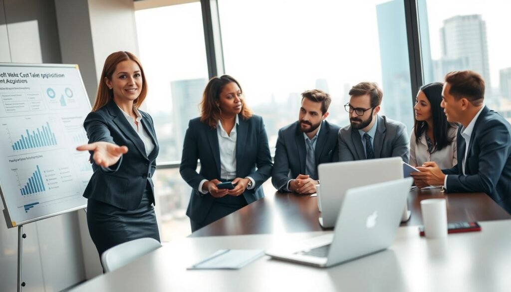 A professional office setting depicting a diverse group of business people engaged in a collaborative meeting about cost optimization in talent acquisition. In the foreground, a confident woman in smart business attire gestures towards a whiteboard filled with graphs and strategic points about hiring efficiency. In the middle, a group of attentive individuals, including a man and a woman, is seated around a conference table, taking notes and discussing ideas, with a laptop open showing data analysis. The background features a large window revealing a cityscape, allowing natural light to flood the room, creating an uplifting atmosphere. The scene is lively yet professional, embodying teamwork and innovation in recruitment strategies, captured with a slight depth of field to emphasize the subjects.