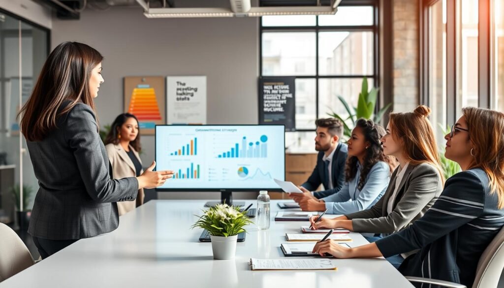 A professional office setting illustrating organizational development strategies, showcasing a diverse group of individuals engaged in a collaborative meeting. In the foreground, a confident businesswoman presenting charts and data on a sleek digital screen, her colleagues attentively listening and taking notes. In the middle, a modern conference table surrounded by focused professionals in business attire, reflecting a mix of ages and ethnicities. The background features large windows with a bright, natural light filtering in, illuminating a well-organized workspace with motivational posters and plants. The atmosphere is one of innovation and teamwork, evoking a sense of professionalism and growth, captured with a slightly elevated angle that emphasizes the dynamism of the discussion.