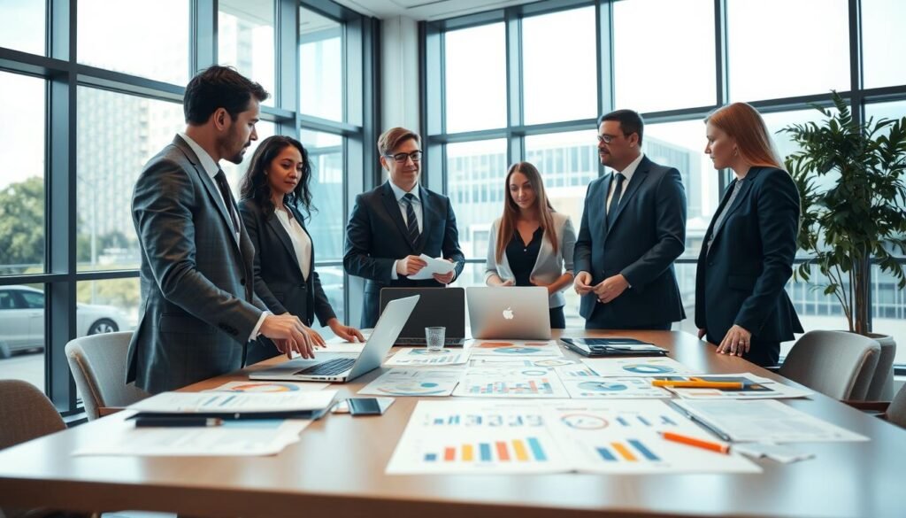 A professional office setting illustrating the "human talent identification process." The foreground features a diverse group of three business professionals in formal attire, engaged in discussion around a large table with laptops and documents. The middle is filled with various assessment tools like charts and graphs, symbolizing evaluation methods. In the background, large windows allow natural light to flood the room, creating a bright and inviting atmosphere. The image is captured from a slight angle to add depth, with soft lighting to enhance a collaborative mood. The overall ambiance conveys professionalism, teamwork, and strategic thinking in talent discovery, without any text or distractions.