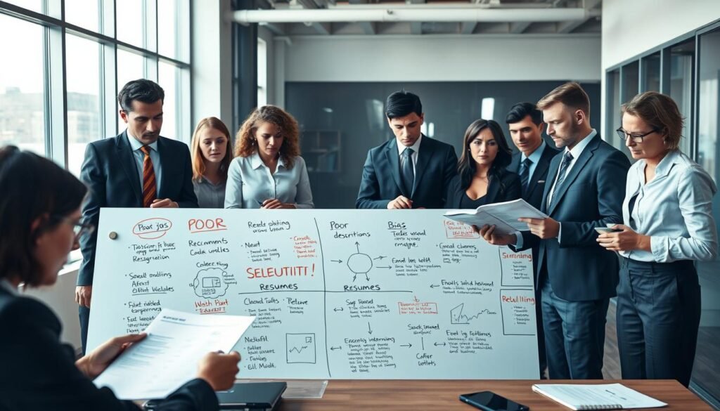 A professional office setting showcasing common recruitment and selection mistakes. In the foreground, a diverse group of business professionals in formal attire are engaged in a discussion, appearing confused and frustrated as they review resumes and interview notes, reflecting misunderstandings in the hiring process. The middle layer features a large whiteboard filled with notes and diagrams about recruitment errors such as "poor job descriptions" and "bias in interviewing," emphasizing a chaotic atmosphere. The background shows a modern office with light streaming through large windows, casting soft shadows, creating a serious yet dynamic mood. The angle is slightly tilted to convey a sense of urgency and importance in solving these recruitment challenges. A professional office setting showcasing common recruitment and selection mistakes. In the foreground, a diverse group of business professionals in formal attire are engaged in a discussion, appearing confused and frustrated as they review resumes and interview notes, reflecting misunderstandings in the hiring process. The middle layer features a large whiteboard filled with notes and diagrams about recruitment errors such as "poor job descriptions" and "bias in interviewing," emphasizing a chaotic atmosphere. The background shows a modern office with light streaming through large windows, casting soft shadows, creating a serious yet dynamic mood. The angle is slightly tilted to convey a sense of urgency and importance in solving these recruitment challenges.