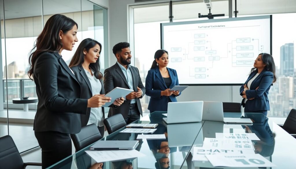 A professional office space featuring a diverse group of businesspeople engaged in a collaborative meeting to assess and optimize organizational processes. In the foreground, a mid-30s Hispanic woman in smart business attire presents data on a digital tablet. Beside her, a Black man in a well-fitted suit takes notes, while a South Asian woman in a blazer thoughtfully analyzes a flowchart projected on the wall. The middle ground shows a glass conference table with papers, laptops, and visual aids displaying organizational diagrams. The background features a well-lit, modern office environment with large windows overlooking a city skyline. The mood is focused and inspirational, reflecting teamwork and strategic planning. Use natural lighting to enhance the professionalism of the scene, with a slight depth of field to emphasize the interactions within the group.