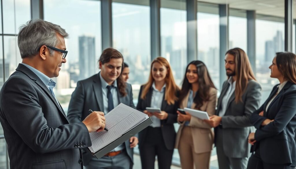 A professional recruiter in a modern office environment, engaged in a meaningful conversation with a diverse group of candidates. The foreground features a confident, well-dressed recruiter, showcasing years of experience, using a laptop and notepad to take notes. In the middle, candidates in business attire participate actively, showing enthusiasm and professionalism. The background includes a glass wall with cityscape views, representing growth and opportunity. Soft, natural lighting pours in from large windows, creating an inviting atmosphere. The mood is focused and collaborative, emphasizing the importance of executive recruitment and talent selection in a vibrant startup scene in Colombia. The composition should convey professionalism and dedication without any text or watermarks. A professional recruiter in a modern office environment, engaged in a meaningful conversation with a diverse group of candidates. The foreground features a confident, well-dressed recruiter, showcasing years of experience, using a laptop and notepad to take notes. In the middle, candidates in business attire participate actively, showing enthusiasm and professionalism. The background includes a glass wall with cityscape views, representing growth and opportunity. Soft, natural lighting pours in from large windows, creating an inviting atmosphere. The mood is focused and collaborative, emphasizing the importance of executive recruitment and talent selection in a vibrant startup scene in Colombia. The composition should convey professionalism and dedication without any text or watermarks.