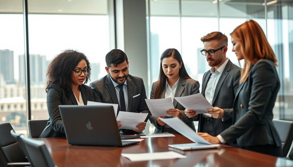 A professional recruitment process scene set in a modern office. In the foreground, a diverse group of three recruiters—one Black woman, one Hispanic man, and one Asian woman—are engaged in a discussion at a conference table, reviewing resumes on a laptop, dressed in formal business attire. In the middle ground, a candidate, a young Caucasian man, looks on attentively, dressed in a smart casual outfit. The background features a sleek office environment with glass windows showcasing a skyline view of Bucaramanga, bathed in warm natural light. The atmosphere is focused and collaborative, conveying professionalism and inclusivity. Use a soft focus effect for a warm, inviting mood.