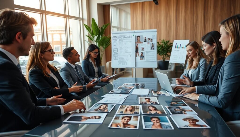 A professional recruitment scene capturing the "Process of Selection and Evaluation of Profiles." In the foreground, a diverse group of individuals dressed in smart business attire, engaged in a discussion, reviewing resumes and candid photographs of potential candidates on a sleek table. In the middle, a polished conference room setting with large windows allowing natural light to stream in, creating a warm atmosphere. There are visual elements like a whiteboard with mind maps outlining selection criteria and a laptop showing graphs of candidate evaluations. In the background, soft-focus furniture and decorative plants hint at a stylish yet professional ambiance. The mood is focused and collaborative, reflecting the importance of strategic talent acquisition in the fashion industry.