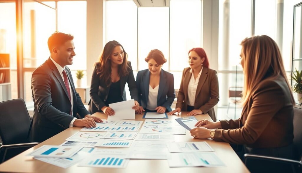 A professional recruitment scene focused on advanced competency-based selection techniques. In the foreground, a diverse group of four professionals engaged in a dynamic discussion, dressed in smart business attire. In the middle, a modern conference table scattered with documents showcasing charts and graphs related to hiring strategies. In the background, a bright, contemporary office setting with large windows allowing natural light to flood in, creating an open and inviting atmosphere. The composition should emphasize teamwork and innovative thinking, with warm lighting enhancing the collaborative mood. Use a slight depth of field to focus on the group while maintaining a soft blur on the background details, suggesting an environment of productivity and professionalism.