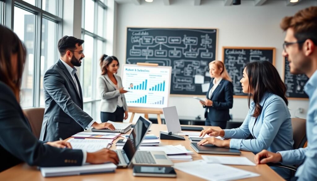 A professional recruitment scene illustrating the "Integral Process of Candidate Selection." In the foreground, a diverse group of three professionals in business attire engage in a discussion around a large table filled with resumes, laptops, and notes. One person points to a digital presentation on a screen showcasing graphs and candidate profiles. In the middle ground, a recruitment consultant takes notes and observes the group, while a chalkboard displays a flowchart of the selection process. The background features a modern office environment with large windows allowing natural light to flood the space, creating a bright and inviting atmosphere. A slight depth of field effect blurs the background, emphasizing the candidates’ discussion, evoking a mood of collaboration and focus. The image should be well-lit and capture a dynamic, inspiring moment in the recruitment process. A professional recruitment scene illustrating the "Integral Process of Candidate Selection." In the foreground, a diverse group of three professionals in business attire engage in a discussion around a large table filled with resumes, laptops, and notes. One person points to a digital presentation on a screen showcasing graphs and candidate profiles. In the middle ground, a recruitment consultant takes notes and observes the group, while a chalkboard displays a flowchart of the selection process. The background features a modern office environment with large windows allowing natural light to flood the space, creating a bright and inviting atmosphere. A slight depth of field effect blurs the background, emphasizing the candidates’ discussion, evoking a mood of collaboration and focus. The image should be well-lit and capture a dynamic, inspiring moment in the recruitment process.