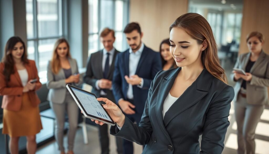 A professional recruitment scene showcasing a diverse group of candidates in a modern office environment. In the foreground, a confident woman in a smart business suit engages in an interactive skills assessment on a digital tablet, focusing on her abilities. In the middle ground, a diverse panel of recruiters, consisting of men and women in professional attire, observe attentively, jotting down notes. The background features sleek office decor, with large windows allowing natural light to flood the space, creating a warm atmosphere. Soft shadows enhance the depth, while a slight blur emphasizes the focus on the candidates. The overall mood is engaging, highlighting collaboration and evaluation in the recruitment process.