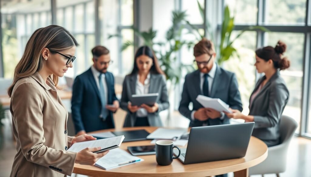 A professional recruitment setting depicting a diverse group of human resources consultants engaged in a talent selection process. In the foreground, a well-dressed female recruiter examines resumes on a sleek tablet, while a male colleague jots down notes on a notepad, both exuding focused determination. In the middle, a round conference table is filled with various documents, laptops, and a coffee cup, suggesting an active collaborative atmosphere. The background features a bright, modern office with large windows letting in natural light and greenery, creating an inviting environment. The mood should reflect professionalism, collaboration, and innovation, captured with a soft-focus depth of field to emphasize the people and process while ensuring clarity in the workspace ambiance.