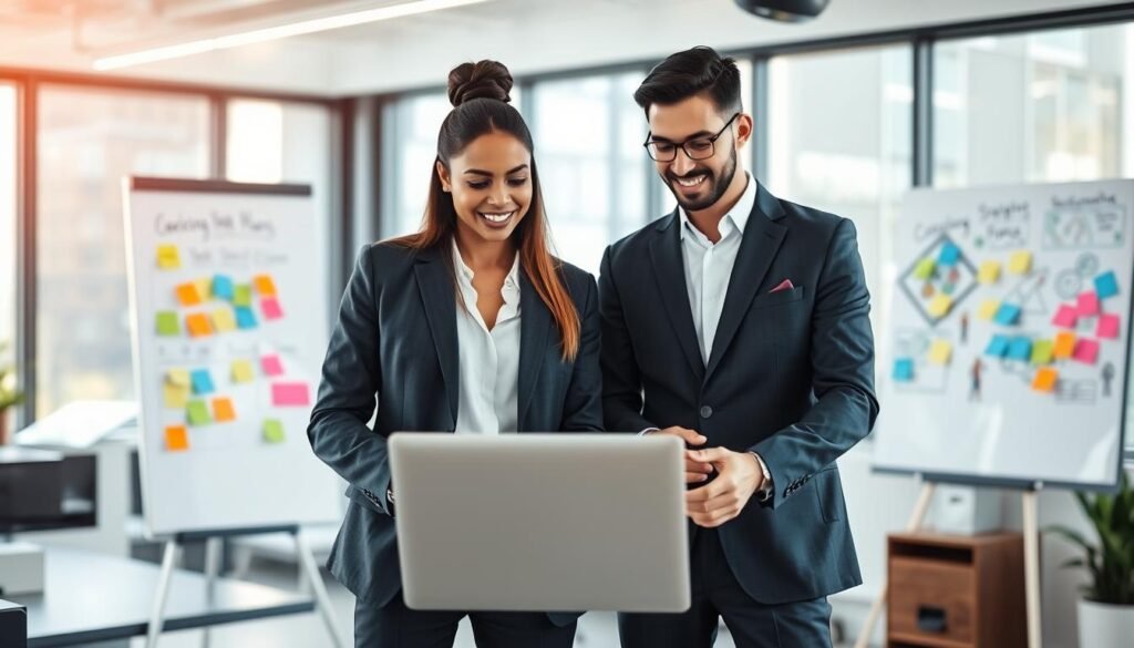 A professional recruitment team specializing in executive search for CMO positions, standing confidently in a modern office environment. In the foreground, two diverse professionals (a man and a woman) in smart business attire, engaged in a discussion over a laptop showcasing varied marketing plans. In the middle ground, a whiteboard filled with strategic ideas and colorful post-it notes illuminates the collaborative atmosphere. The background features a sleek office space with large windows allowing natural light to pour in, providing a bright and optimistic mood. The scene conveys professionalism, teamwork, and innovation, captured from a slight angle to emphasize the dynamic interaction. Soft, diffused lighting enhances the inviting ambiance.