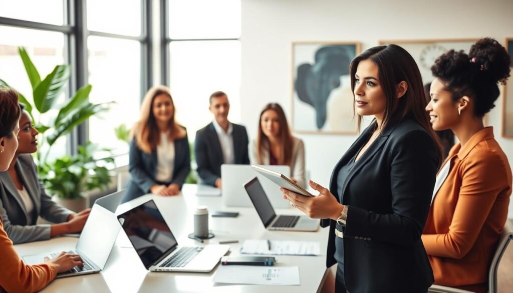 A professional scene depicting a diverse group of business professionals engaged in a collaborative meeting about strategic talent selection. In the foreground, a confident woman in a black blazer is presenting on a digital tablet, surrounded by colleagues in smart business attire. In the middle background, a modern conference table with laptops and documents arranged neatly, while a large window casts soft, natural light, highlighting their focused expressions. The background features a contemporary office with plants and abstract art, enhancing the atmosphere of innovation and teamwork. The overall mood is dynamic and purposeful, conveying effectiveness and professionalism in talent acquisition strategies.