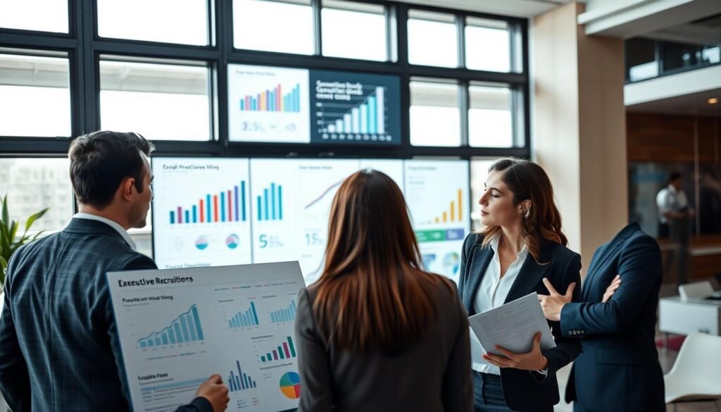 A professional scene depicting a team of executive recruiters analyzing trends in recruitment. In the foreground, two business professionals in formal attire, one male and one female, are engaged in a focused discussion, surrounded by charts and data reports highlighting statistical trends in recruitment. In the middle ground, a large screen displays projections and analytics related to executive hiring in the consumer goods sector, with clear graphs and infographics. The background features an elegantly designed office space with large windows letting in natural light, creating a bright and optimistic atmosphere. The overall mood should be one of professionalism and determination, emphasizing the importance of strategic analysis in executive recruitment.