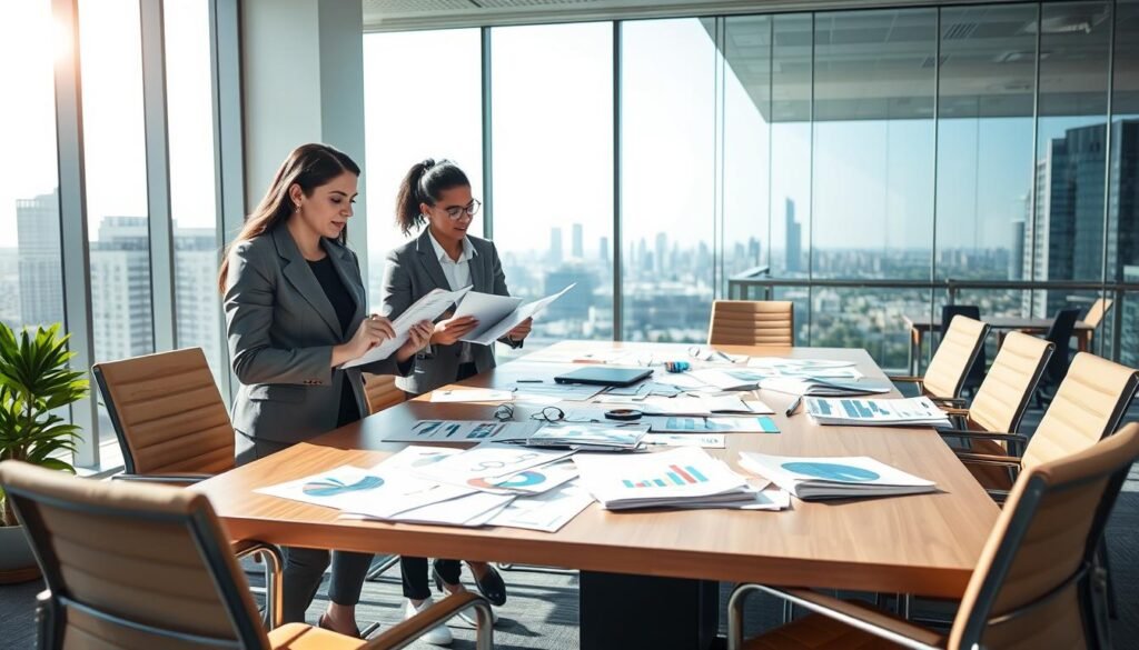 A professional scene in a modern office environment, showcasing a diverse group of business professionals engaged in a personalized evaluation process. In the foreground, a confident woman in smart business attire is analyzing documents while discussing insights with a male colleague, who is taking notes on a tablet. The middle area features a sleek conference table cluttered with industry-specific reports and charts, symbolizing various sectors such as technology, healthcare, and finance. The background includes a large window with natural light streaming in, casting soft shadows, and a cityscape skyline visible outside. The atmosphere is collaborative and focused, reflecting the importance of tailored evaluations in professional growth. Use a bright and inviting color palette, with clear, high-resolution details. No text or watermarks should be present.