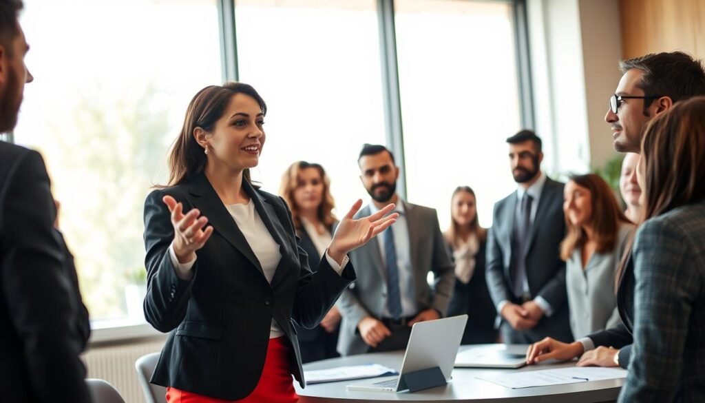 A professional setting depicting a diverse group of business leaders actively engaged in a discussion. In the foreground, a confident woman in a smart blazer gestures passionately, representing effective communication skills. Next to her, a man in a tailored suit listens intently, with visible curiosity and engagement. The middle ground features a round table with documents and laptops, emphasizing collaboration and teamwork. In the background, a large window allows natural light to flood the room, creating a warm, inviting atmosphere. The lighting should be soft yet illuminating to highlight the expressions of focus and determination on their faces. The overall mood should convey inspiration, professionalism, and the essence of leadership development.