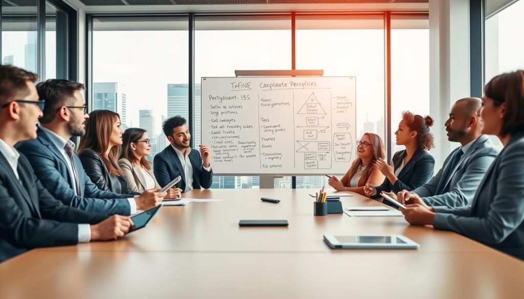 A professional setting depicting a diverse group of business professionals gathered around a modern conference table, engaging in an active discussion about defining objectives and creating an ideal candidate profile. The foreground features a mix of male and female professionals in business attire, energetically sharing ideas with digital tablets and notepads in hand. The middle ground shows a large, clear whiteboard filled with bullet points and diagrams illustrating strategic goals and candidate traits. The background contains large windows revealing a city skyline, letting in soft natural light that creates an inviting atmosphere. The image conveys a sense of collaboration and focus, emphasizing the importance of strategic recruitment. Use a wide-angle lens to capture the depth of the setting with a warm, motivating mood.