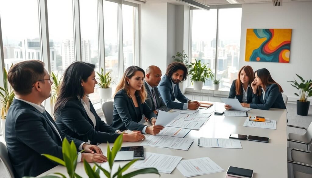 A professional setting depicting challenges in human resources in Colombia. In the foreground, a diverse group of HR professionals of varying ethnicities, dressed in smart business attire, are engaged in a focused discussion around a large table filled with reports and digital devices. The middle ground features a modern office environment with large windows allowing soft, natural light to illuminate the scene, showcasing elements like potted plants and colorful artwork reflecting Colombian culture. In the background, a view of a bustling cityscape, representing Colombia’s urban centers like Bogotá or Medellín, extends beyond the office. The mood is serious yet collaborative, capturing the essence of HR challenges faced in the Colombian business landscape today.