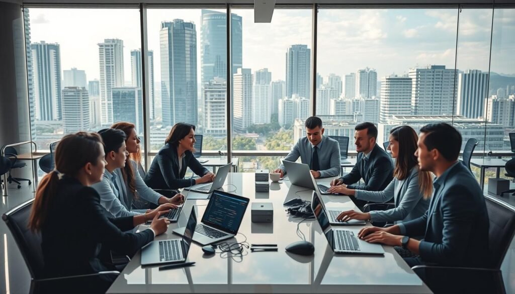 A professional setting depicting technology employment opportunities in Medellín. In the foreground, a diverse group of professionals in smart business attire, engaged in a dynamic discussion around a modern conference table, featuring laptops and tech gadgets. The middle ground showcases an open office space filled with sleek desks, digital screens displaying coding and innovative tech projects. In the background, large windows let in soft, natural light, revealing a bustling cityscape with towering office buildings and vibrant greenery. The mood is optimistic and collaborative, reflecting growth and innovation in the tech sector. The scene captures a sense of ambition and professionalism, emphasizing the thriving job market in technology. A professional setting depicting technology employment opportunities in Medellín. In the foreground, a diverse group of professionals in smart business attire, engaged in a dynamic discussion around a modern conference table, featuring laptops and tech gadgets. The middle ground showcases an open office space filled with sleek desks, digital screens displaying coding and innovative tech projects. In the background, large windows let in soft, natural light, revealing a bustling cityscape with towering office buildings and vibrant greenery. The mood is optimistic and collaborative, reflecting growth and innovation in the tech sector. The scene captures a sense of ambition and professionalism, emphasizing the thriving job market in technology.