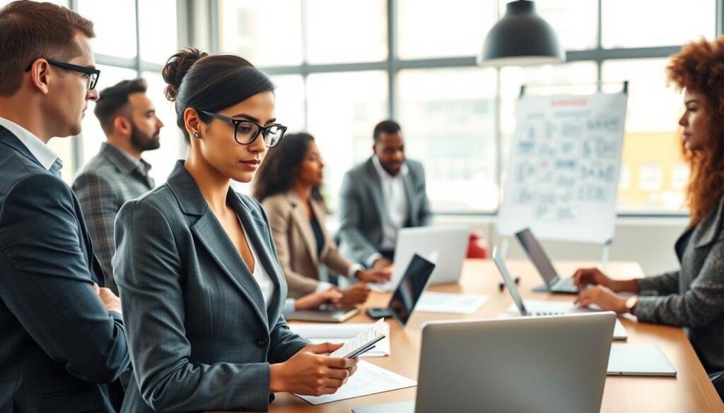 A professional setting featuring a diverse group of leaders engaged in strategic coaching and teamwork. In the foreground, a focused woman in a tailored suit listens intently while taking notes, surrounded by a mixture of male and female colleagues of various ethnic backgrounds. The middle ground showcases a large conference table with laptops, strategic documents, and a whiteboard displaying brainstorming ideas. In the background, a bright office space with large windows letting in natural light creates an uplifting atmosphere. The image captures an engaging, collaborative mood, emphasizing the importance of specialized support for leaders and teams. Use soft, warm lighting to enhance the professional yet inviting ambiance, with a shallow depth of field to keep the focus on the subjects. A professional setting featuring a diverse group of leaders engaged in strategic coaching and teamwork. In the foreground, a focused woman in a tailored suit listens intently while taking notes, surrounded by a mixture of male and female colleagues of various ethnic backgrounds. The middle ground showcases a large conference table with laptops, strategic documents, and a whiteboard displaying brainstorming ideas. In the background, a bright office space with large windows letting in natural light creates an uplifting atmosphere. The image captures an engaging, collaborative mood, emphasizing the importance of specialized support for leaders and teams. Use soft, warm lighting to enhance the professional yet inviting ambiance, with a shallow depth of field to keep the focus on the subjects.