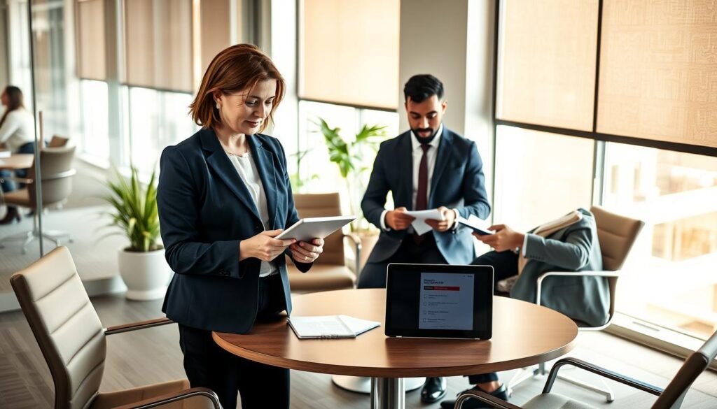 A professional setting for effective job interview preparation, featuring a diverse group of three business professionals in a modern conference room. In the foreground, a middle-aged woman, dressed in a smart navy blazer, is reviewing interview notes on a tablet, while a young man in a tailored suit is taking notes in a notebook. In the middle, a large round table is surrounded by ergonomic chairs, showcasing presentation materials and a laptop displaying a checklist. In the background, large windows let in warm, natural light, creating an inviting atmosphere. An indoor plant adds a touch of greenery. The mood is focused and collaborative, emphasizing professionalism and teamwork in the hiring process. The scene captures the essence of preparing for effective interviews. A professional setting for effective job interview preparation, featuring a diverse group of three business professionals in a modern conference room. In the foreground, a middle-aged woman, dressed in a smart navy blazer, is reviewing interview notes on a tablet, while a young man in a tailored suit is taking notes in a notebook. In the middle, a large round table is surrounded by ergonomic chairs, showcasing presentation materials and a laptop displaying a checklist. In the background, large windows let in warm, natural light, creating an inviting atmosphere. An indoor plant adds a touch of greenery. The mood is focused and collaborative, emphasizing professionalism and teamwork in the hiring process. The scene captures the essence of preparing for effective interviews.