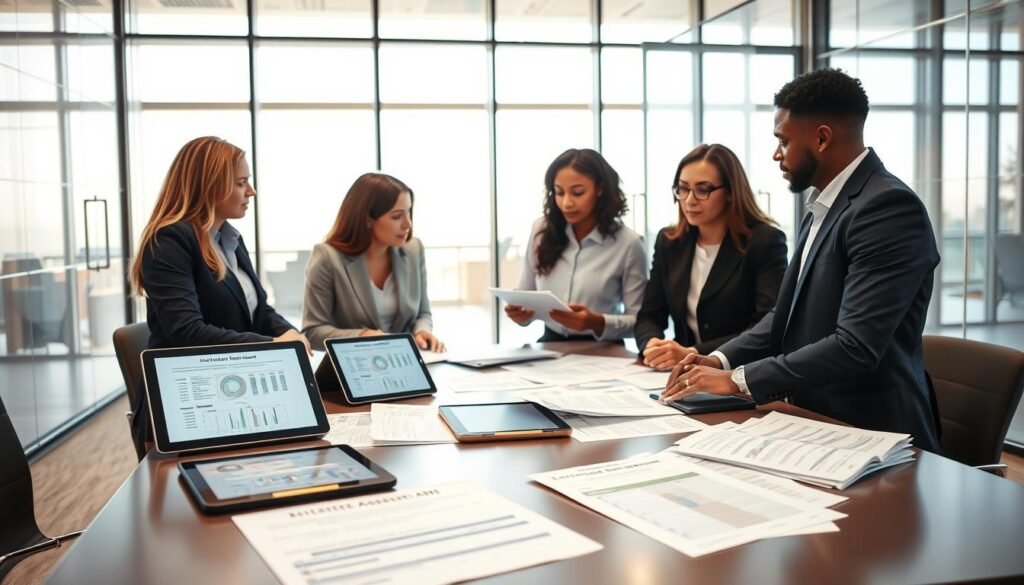 A professional setting illustrating evaluation tools and methods for assessing competencies and skills. In the foreground, a diverse group of three business professionals, dressed in smart business attire, is discussing various assessment forms and competency charts laid out on a large table. The middle ground features digital tools, such as tablets displaying skill assessment apps, and printed evaluation reports. In the background, a modern office with glass walls showcases a serene atmosphere, illuminated by soft, natural light coming from large windows, enhancing focus on the meeting. The mood is collaborative and insightful, emphasizing the importance of effective talent evaluation methods in a contemporary workplace.