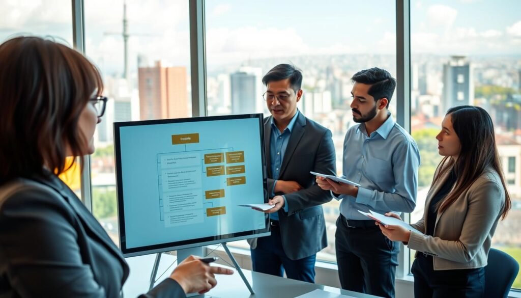 A professional setting showcasing a diverse group of HR specialists engaged in a strategic planning session for executive selection methodology. In the foreground, a middle-aged woman of Colombian descent in business attire is presenting a flowchart on a digital screen. In the middle ground, two young professionals, a man and a woman, are taking notes while discussing among themselves. In the background, a modern office with large windows letting in natural light highlights a vibrant cityscape of Bogotá. The lighting is bright and inviting, enhancing a collaborative atmosphere. The overall mood is focused and professional, capturing the essence of executive selection in Colombia.