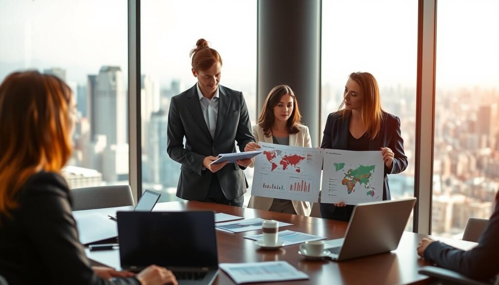 A professional setting showcasing a diverse group of business professionals engaged in a strategic discussion about regional market insights. In the foreground, a woman in a smart blazer and a man in a tailored suit are analyzing data on a digital tablet, surrounded by charts and maps illustrating market trends. In the middle ground, a modern conference table with laptops, documents, and coffee cups reflects a collaborative environment. The background features a large window with a panoramic view of a bustling city skyline, bathed in warm, natural light, hinting at a thriving business hub. The overall atmosphere is dynamic and focused, embodying expertise in market knowledge and regional presence. A professional setting showcasing a diverse group of business professionals engaged in a strategic discussion about regional market insights. In the foreground, a woman in a smart blazer and a man in a tailored suit are analyzing data on a digital tablet, surrounded by charts and maps illustrating market trends. In the middle ground, a modern conference table with laptops, documents, and coffee cups reflects a collaborative environment. The background features a large window with a panoramic view of a bustling city skyline, bathed in warm, natural light, hinting at a thriving business hub. The overall atmosphere is dynamic and focused, embodying expertise in market knowledge and regional presence.