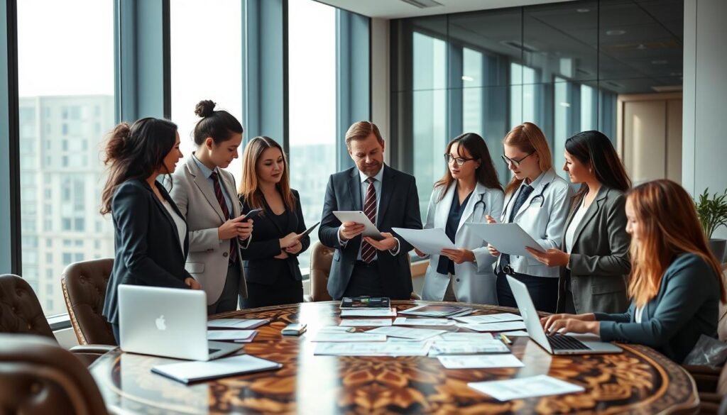 A professional setting showcasing a personalized hiring process for highly qualified healthcare professionals. In the foreground, a diverse group of industry experts in smart business attire is engaged in a dynamic discussion, examining resumes and digital portfolios. In the middle ground, an ornate conference table with laptops and documents spread out, symbolizing collaboration. The background features a sleek modern office with large windows allowing soft, natural light to illuminate the scene, enhancing the mood of professionalism and innovation. Use a wide-angle lens to capture the full essence of the atmosphere, emphasizing the importance of teamwork and personalized approach in talent acquisition. The overall ambiance should convey focus, motivation, and strategic planning within the healthcare recruitment sector. A professional setting showcasing a personalized hiring process for highly qualified healthcare professionals. In the foreground, a diverse group of industry experts in smart business attire is engaged in a dynamic discussion, examining resumes and digital portfolios. In the middle ground, an ornate conference table with laptops and documents spread out, symbolizing collaboration. The background features a sleek modern office with large windows allowing soft, natural light to illuminate the scene, enhancing the mood of professionalism and innovation. Use a wide-angle lens to capture the full essence of the atmosphere, emphasizing the importance of teamwork and personalized approach in talent acquisition. The overall ambiance should convey focus, motivation, and strategic planning within the healthcare recruitment sector.