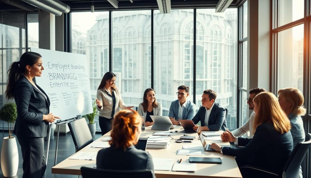 A professional setting showcasing an office environment with a diverse group of professionals engaged in a brainstorming session. In the foreground, a confident woman in smart business attire presents ideas on a whiteboard, highlighting aspects of employer branding. In the middle ground, a mix of male and female colleagues collaborate, exchanging insights while seated around a modern conference table filled with digital devices and paperwork. The background features large windows with natural light streaming in, creating an inviting atmosphere. The overall mood is dynamic and creative, emphasizing teamwork and innovation in talent attraction. Soft shadows and warm lighting enhance the professional yet lively feel of the scene.