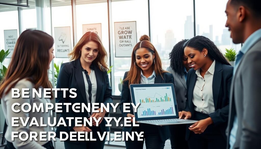 A professional setting showcasing the benefits of competency evaluations for career development. In the foreground, a diverse group of three professionals, dressed in smart business attire, are engaged in a collaborative discussion with a laptop open, displaying charts and graphs. In the middle, a modern office environment with glass walls, plants, and motivational posters illustrating growth and learning. The background features a large window with a view of a city skyline, suggesting ambition and progress. The scene is well-lit with soft, natural lighting coming from the window, creating an inspiring and productive atmosphere. The mood is focused and positive, emphasizing teamwork and professional development.