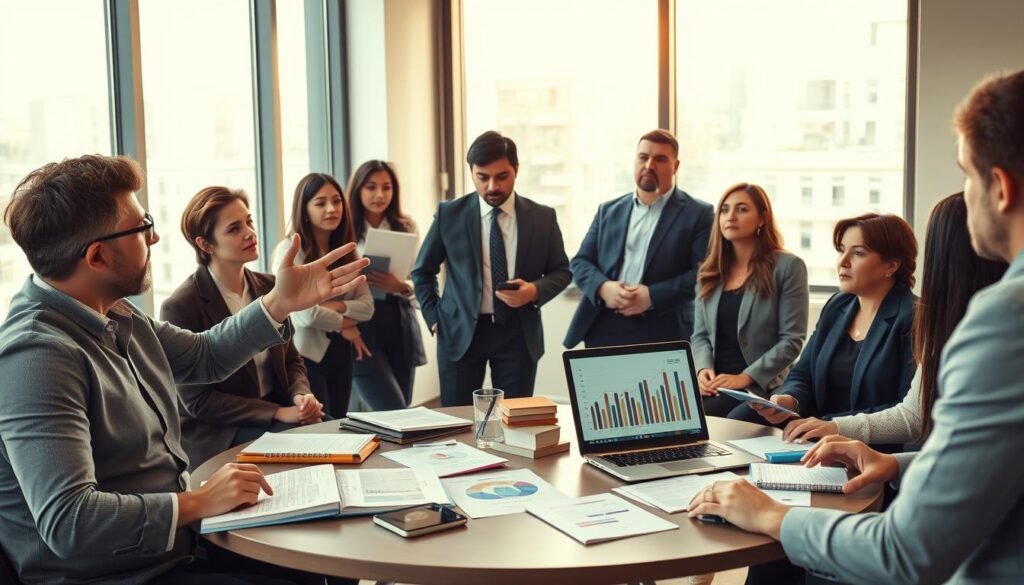 A professional setting with a diverse group of executives in business attire engaged in an inspiring coaching session. In the foreground, a male coach gestures passionately, emphasizing key points, while a diverse group of attentive executives listen and take notes. The middle layer features a round table with coaching materials—books, charts, and a laptop displaying growth metrics. The background captures a modern office space with large windows letting in warm, natural light that adds clarity to the atmosphere. The mood is focused and motivating, with subtle hints of camaraderie and teamwork. The composition should be shot at eye level, showcasing a dynamic interaction that embodies the essence of teleological coaching, emphasizing personal and professional growth. A professional setting with a diverse group of executives in business attire engaged in an inspiring coaching session. In the foreground, a male coach gestures passionately, emphasizing key points, while a diverse group of attentive executives listen and take notes. The middle layer features a round table with coaching materials—books, charts, and a laptop displaying growth metrics. The background captures a modern office space with large windows letting in warm, natural light that adds clarity to the atmosphere. The mood is focused and motivating, with subtle hints of camaraderie and teamwork. The composition should be shot at eye level, showcasing a dynamic interaction that embodies the essence of teleological coaching, emphasizing personal and professional growth.