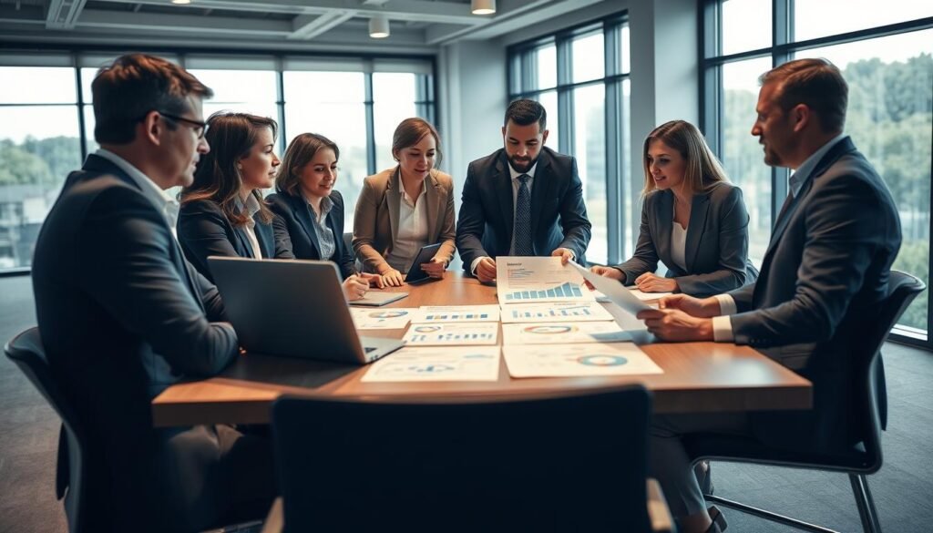 A professional team of business consultants engaged in a dynamic brainstorming session around a large conference table, analyzing organizational process charts and data on a laptop. In the foreground, a diverse group of individuals, dressed in smart business attire, are discussing strategies with focused expressions. In the middle ground, documents and charts highlight key performance indicators related to process optimization. The background features a modern office setting with large windows allowing natural light to flood the room, creating an inspiring atmosphere. Soft, ambient lighting enhances the mood of collaboration and innovation, capturing the essence of effective organizational diagnostics. The angle captures both the action and the strategic environment, emphasizing teamwork and professionalism.