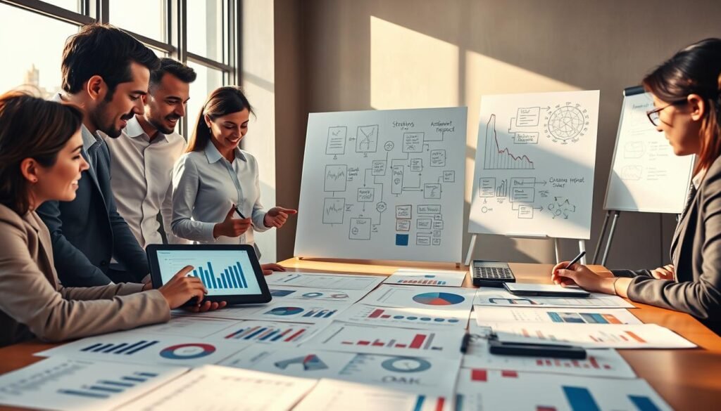 A professional workspace depicting a strategic analysis of talent management impact. In the foreground, a diverse group of professionals in business attire, with focused expressions, gather around a large table covered with charts and data reports. One person points at a digital tablet displaying performance metrics, while another takes notes. The middle ground shows a whiteboard filled with diagrams and brainstorming ideas related to talent development strategies. In the background, large windows let in warm, natural light, casting soft shadows across the room, creating an atmosphere of collaboration and innovation. The overall mood is dynamic and motivational, emphasizing strategic planning and teamwork in HR management. The perspective is from slightly above the table, giving a clear view of the engaging discussion.