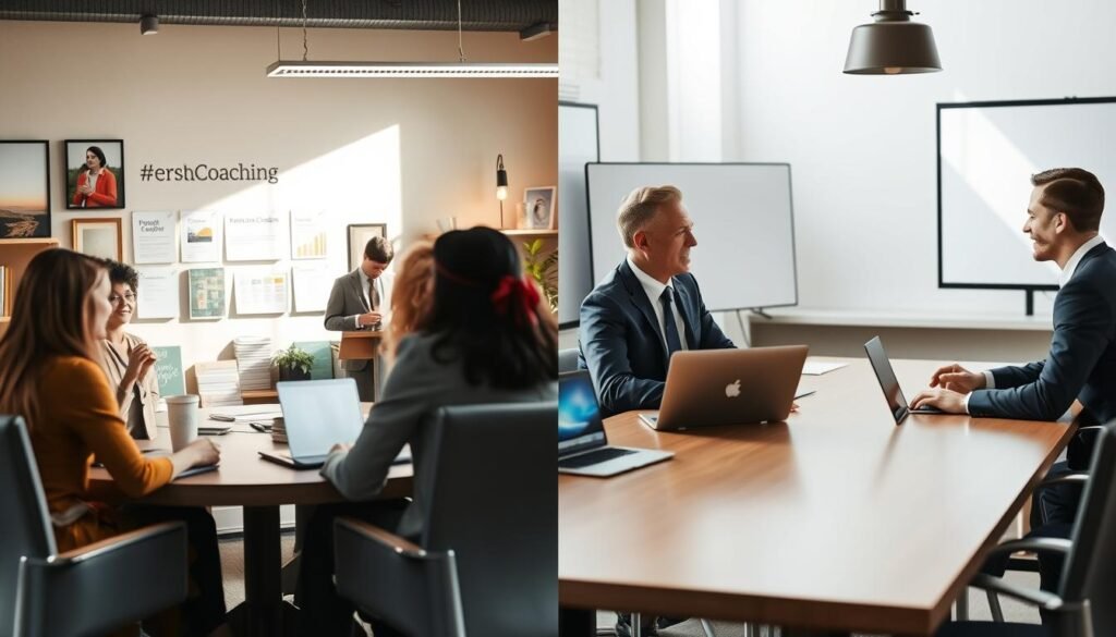 A professional workspace divided into two distinct sections: on the left, a personal coaching scene with a warm, inviting atmosphere featuring a diverse coach and client engaged in an inspiring conversation, surrounded by motivational visuals like goal charts and personal growth books. On the right, an executive coaching scenario with a formal ambiance, featuring a sharply dressed coach and a business executive discussing strategies over a conference table, complemented by sleek technology like laptops and presentation screens. The lighting is soft and natural, highlighting the contrast between the two coaching styles. The image conveys a sense of empowerment and professionalism, capturing the essence of personal and executive coaching.
