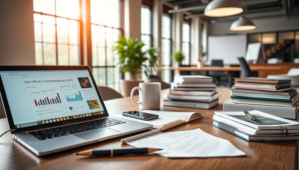A professional workspace featuring an array of effective headhunting tools and resources. In the foreground, a sleek laptop displays graphs and data related to talent acquisition, while a stylus rests beside a notepad filled with notes. In the middle, a well-organized desk boasts a variety of essential items: a smartphone, a coffee mug, business cards, and a stack of industry-related books. The background showcases a modern office with large windows allowing natural light to flood in, illuminating the space. The atmosphere conveys a sense of focus and productivity, with a warm, welcoming feel. The lighting is bright yet soft, enhancing the professionalism of the environment. The composition emphasizes organization and clarity, fitting for a dedicated talent scout's workspace.