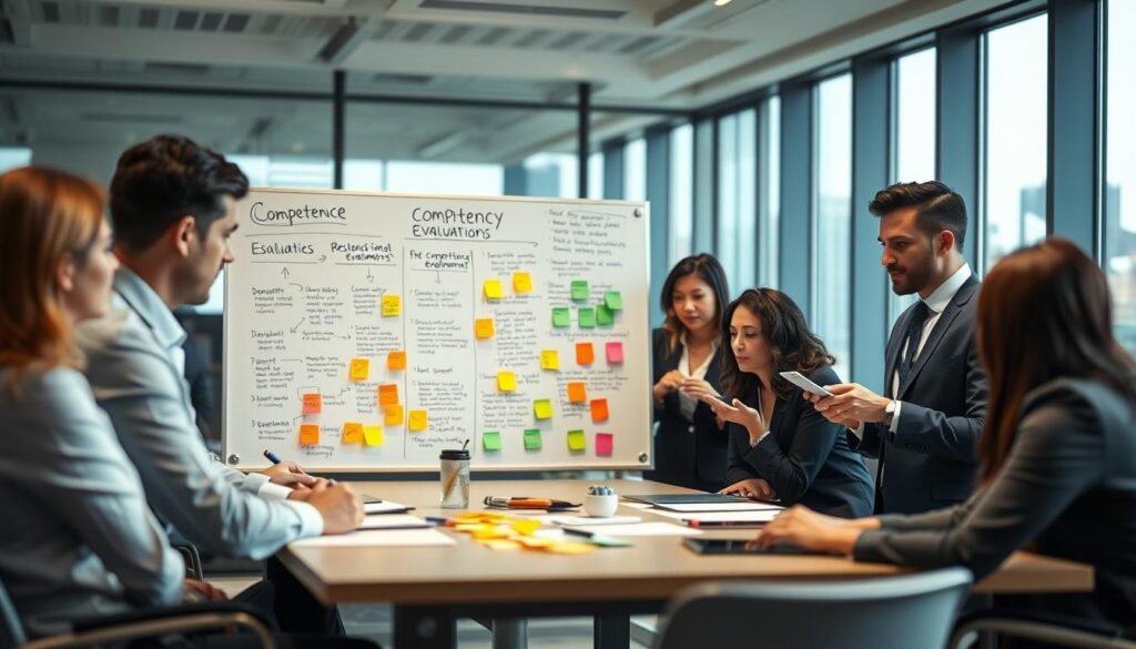A professional workspace illustrating the "competency evaluation process" in Colombia. In the foreground, a diverse group of professionals in business attire engage in collaborative discussions around a large table, looking at evaluation charts and digital devices. In the middle, a whiteboard is filled with flowcharts and bullet points outlining best practices for competency assessments, surrounded by colorful sticky notes. In the background, a bright and modern office environment with large windows letting in natural light, showing a city skyline. The atmosphere is dynamic and focused, reflecting a productive and insightful evaluation session. The image should be captured with a slight depth of field to emphasize the group while blurring the background subtly, enhancing the professional and collaborative mood.