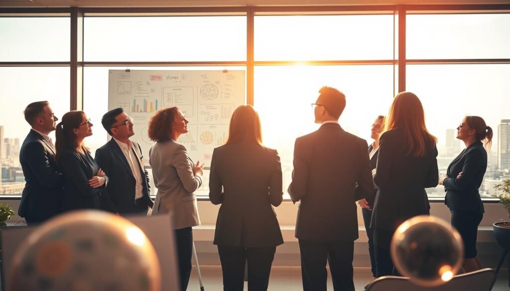 A serene and inspirational scene illustrating personal and professional growth. In the foreground, a diverse group of professionals in business attire, engaged in collaborative discussion, exuding enthusiasm and determination. The middle ground shows a whiteboard filled with colorful diagrams and ideas, symbolizing brainstorming and strategic planning. In the background, a large window reveals a vibrant city skyline, bathed in warm, golden sunlight, suggesting a bright future. The atmosphere is empowering and hopeful, highlighted by soft, natural light that creates a sense of openness. The camera angle is slightly elevated, capturing both the individuals and their dynamic environment to convey a powerful sense of transformation and leadership.