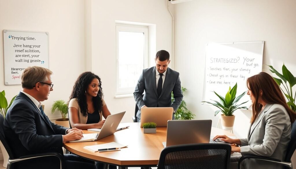 A serene and inspiring office environment, highlighting personal development and professional growth. In the foreground, a diverse group of three individuals, dressed in professional business attire, engaged in a collaborative discussion around a table with notebooks and laptops open. The middle background features a large window, allowing soft, natural light to flood the room, symbolizing enlightenment and clarity. On one wall, a whiteboard showcases motivational quotes and strategized goals, while potted plants in the corners add a touch of greenery, enhancing the atmosphere of growth and positivity. The overall mood is uplifting and encouraging, emphasizing teamwork and the journey of self-improvement in a professional setting.
