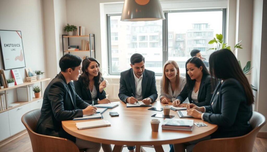 A serene and inspiring workspace, showcasing the concept of emotional intelligence and self-awareness. In the foreground, a diverse group of professionals, dressed in smart business attire, collaboratively engaged in a discussion around a round table filled with notebooks and digital devices. The middle ground features a large window allowing natural light to flood the space, creating a warm and inviting atmosphere. In the background, shelves with motivational books and potted plants add to the ambiance. The scene is illuminated with soft, diffused lighting, enhancing the mood of focused collaboration and personal growth. The overall composition reflects a sense of harmony, empowerment, and the importance of emotional skills in professional development.