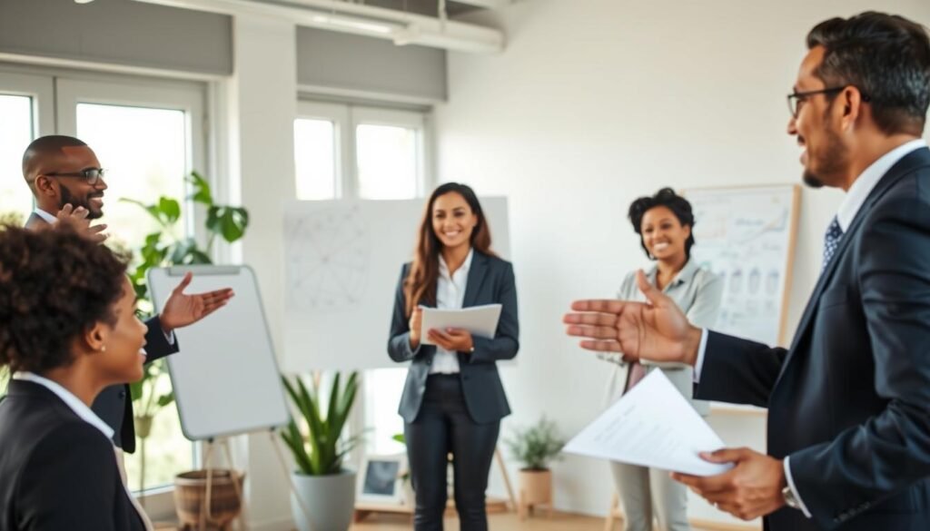 A serene and productive office setting showcasing a diverse group of professionals in business attire engaged in a collaborative coaching session. In the foreground, a confident coach leads a discussion, gesturing expressively to illustrate key points. In the middle, team members of various ethnic backgrounds actively participate, taking notes and sharing ideas, with expressions of curiosity and enthusiasm. The background features large windows allowing soft, natural light to flood the space, enhancing the atmosphere of openness and inspiration. There are whiteboards filled with diagrams and notes, and potted plants adding a touch of nature. The mood is positive and empowering, reflecting the transformative benefits of executive coaching for leaders and teams. The perspective is slightly elevated, capturing both the interaction among the team and the inviting environment.