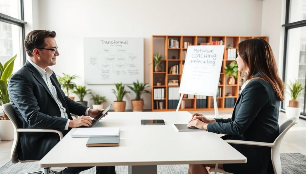 A serene and professional coaching session set in a modern office space in Colombia. In the foreground, a confident executive coach, dressed in a tailored suit, is engaged in a one-on-one discussion with a focused client, who is wearing smart casual attire. The two are seated at a sleek, minimalist desk with notebooks and a digital tablet visible. In the middle, a large whiteboard displays flowcharts and motivational keywords related to transformative methodologies. Soft, natural lighting floods the room through large windows, creating an inviting atmosphere. In the background, potted plants and a bookshelf filled with coaching literature suggest warmth and wisdom. The scene captures the essence of individual executive coaching, showcasing a blend of professionalism and personalized connection. A serene and professional coaching session set in a modern office space in Colombia. In the foreground, a confident executive coach, dressed in a tailored suit, is engaged in a one-on-one discussion with a focused client, who is wearing smart casual attire. The two are seated at a sleek, minimalist desk with notebooks and a digital tablet visible. In the middle, a large whiteboard displays flowcharts and motivational keywords related to transformative methodologies. Soft, natural lighting floods the room through large windows, creating an inviting atmosphere. In the background, potted plants and a bookshelf filled with coaching literature suggest warmth and wisdom. The scene captures the essence of individual executive coaching, showcasing a blend of professionalism and personalized connection.