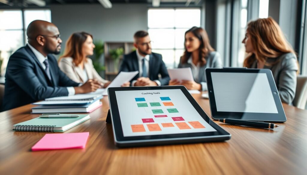A serene and professional office environment focusing on executive coaching tools. In the foreground, a sleek wooden table displays an array of coaching tools: notebooks, colorful sticky notes, a digital tablet showing an organizational chart, and a smart pen. In the middle, a diverse group of three professionals in smart business attire engage in a focused discussion, showcasing a collaborative atmosphere. The background features a modern office with large windows, allowing natural light to fill the space, casting soft shadows and creating a warm ambiance. The overall mood is one of motivation and teamwork, emphasizing the importance of effective organizational processes. The perspective is slightly angled to showcase depth, inviting viewers into the scene.