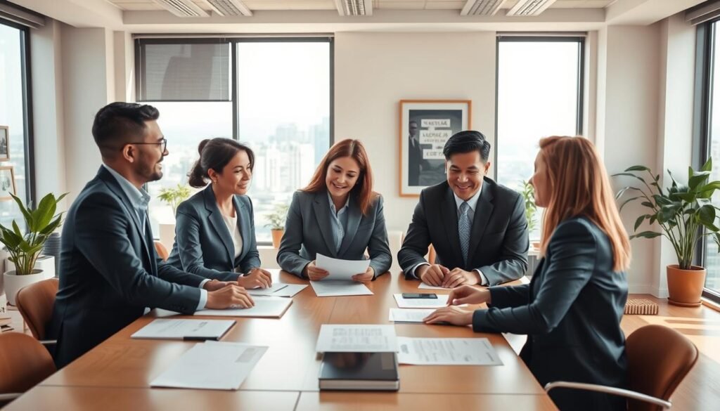 A serene and professional setting illustrating generational transitions in family businesses. In the foreground, a diverse group of four professionals, dressed in smart business attire, engage in a collaborative discussion around a large conference table filled with documents and digital devices. In the middle ground, a window highlights a glimpse of a vibrant Colombian city, symbolizing growth and opportunity. The background features a modern office space adorned with plants and motivational art, creating a warm atmosphere. Soft, natural light floods the scene from the windows, enhancing the sense of optimism and teamwork. The angle of the shot slightly above eye level adds a dynamic perspective, emphasizing the collaborative spirit of generational change in business leadership. A serene and professional setting illustrating generational transitions in family businesses. In the foreground, a diverse group of four professionals, dressed in smart business attire, engage in a collaborative discussion around a large conference table filled with documents and digital devices. In the middle ground, a window highlights a glimpse of a vibrant Colombian city, symbolizing growth and opportunity. The background features a modern office space adorned with plants and motivational art, creating a warm atmosphere. Soft, natural light floods the scene from the windows, enhancing the sense of optimism and teamwork. The angle of the shot slightly above eye level adds a dynamic perspective, emphasizing the collaborative spirit of generational change in business leadership.