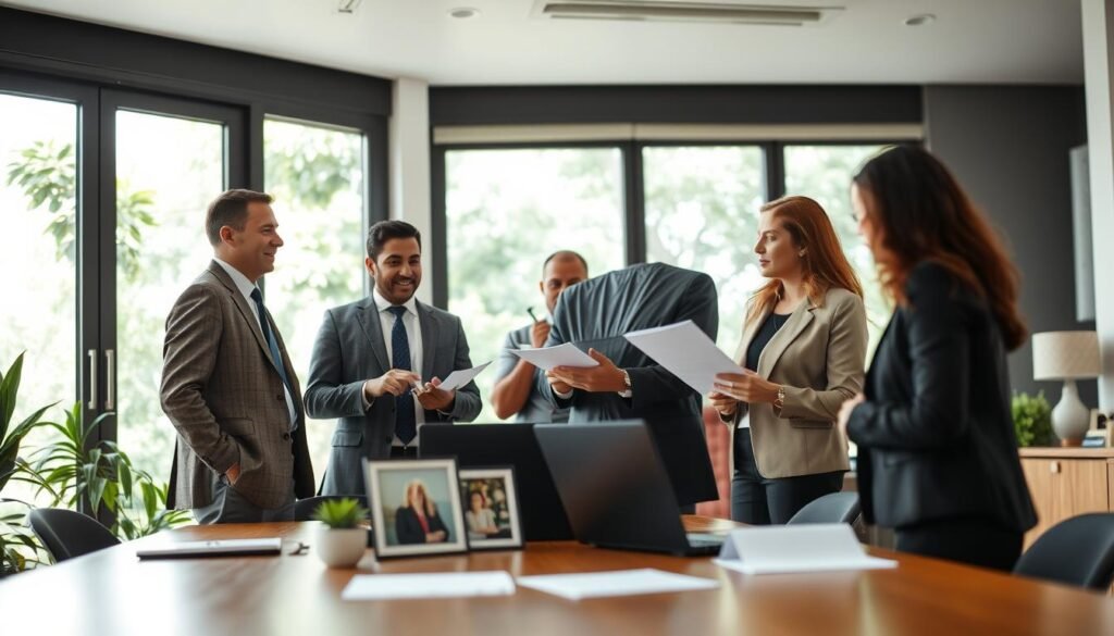 A serene office environment illustrating "Acompañamiento Integral para la Continuidad del Legado," featuring a diverse group of professionals engaged in a collaborative discussion. In the foreground, a male and female consultant in smart business attire, actively discussing strategies with a family business owner, showcasing a sense of trust and guidance. The middle ground reveals a warm wooden conference table adorned with documents, a laptop, and a family photo emphasizing legacy. In the background, large windows let in natural light, highlighting the green foliage outside, symbolizing growth and continuity. The overall mood is one of professionalism, focus, and optimism, with soft, inviting lighting enhancing the atmosphere of collaboration and support, captured with a slight depth of field to emphasize the main subjects.