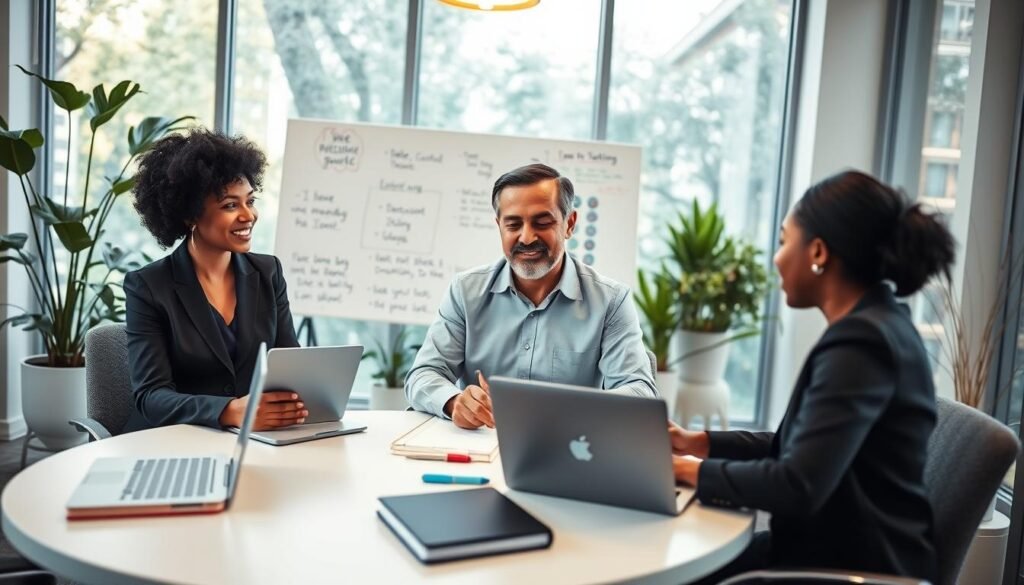 A serene office environment reflecting a cultural change and personal development theme. In the foreground, a diverse group of three professionals in smart business attire—one woman of Hispanic descent, one middle-aged Caucasian man, and one young Black woman—engaged in a collaborative discussion around a round table with laptops open and notebooks scattered. In the middle ground, a whiteboard filled with motivational quotes and brainstorming ideas is visible, adding a dynamic element. The background features large windows with soft, natural light filtering in, illuminating indoor plants and creating a warm, inviting atmosphere. The mood is optimistic and focused, emphasizing growth and transformation in a professional setting. Soft focus on the edges to draw attention to the active conversation in the foreground.