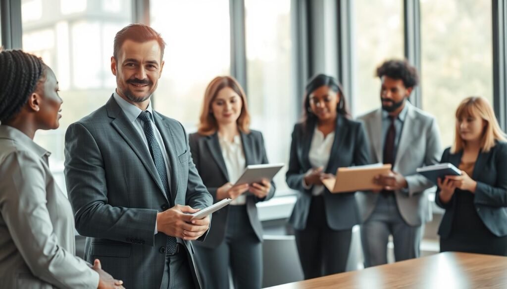 A serene office environment showcasing a diverse group of professionals engaged in a coaching session. In the foreground, a confident male executive in a tailored suit, actively listening and taking notes, symbolizes leadership. The middle ground features a female coach, wearing smart business attire, guiding the discussion with enthusiasm. Around them are two other executives, one with a laptop and the other with a notepad, all reflecting focus and positivity. The background includes large windows with soft natural light pouring in, filling the space with warmth and inspiration. The mood is professional yet uplifting, suggesting growth and collaboration. The image captures the essence of integral development through coaching, emphasizing teamwork and leadership enhancement.